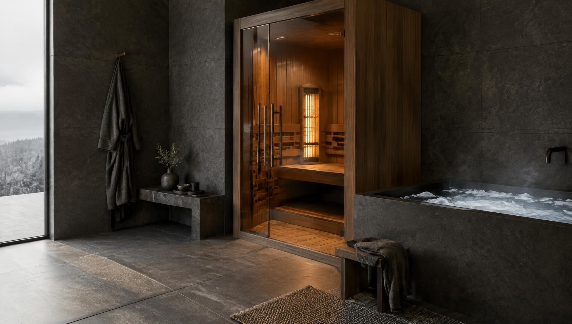 Infrared sauna glowing beside a cold plunge in a stone bathroom