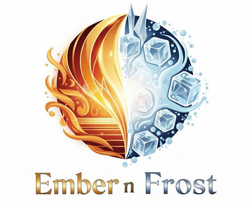 Logo with fire and ice elements and 'Ember n Frost' text on a white background
